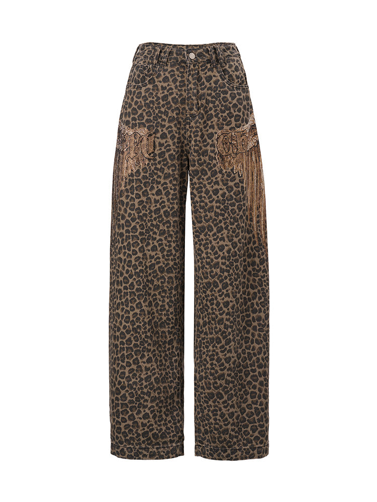 TCH Leopard Print Rhinestone Wings Pants for Spring