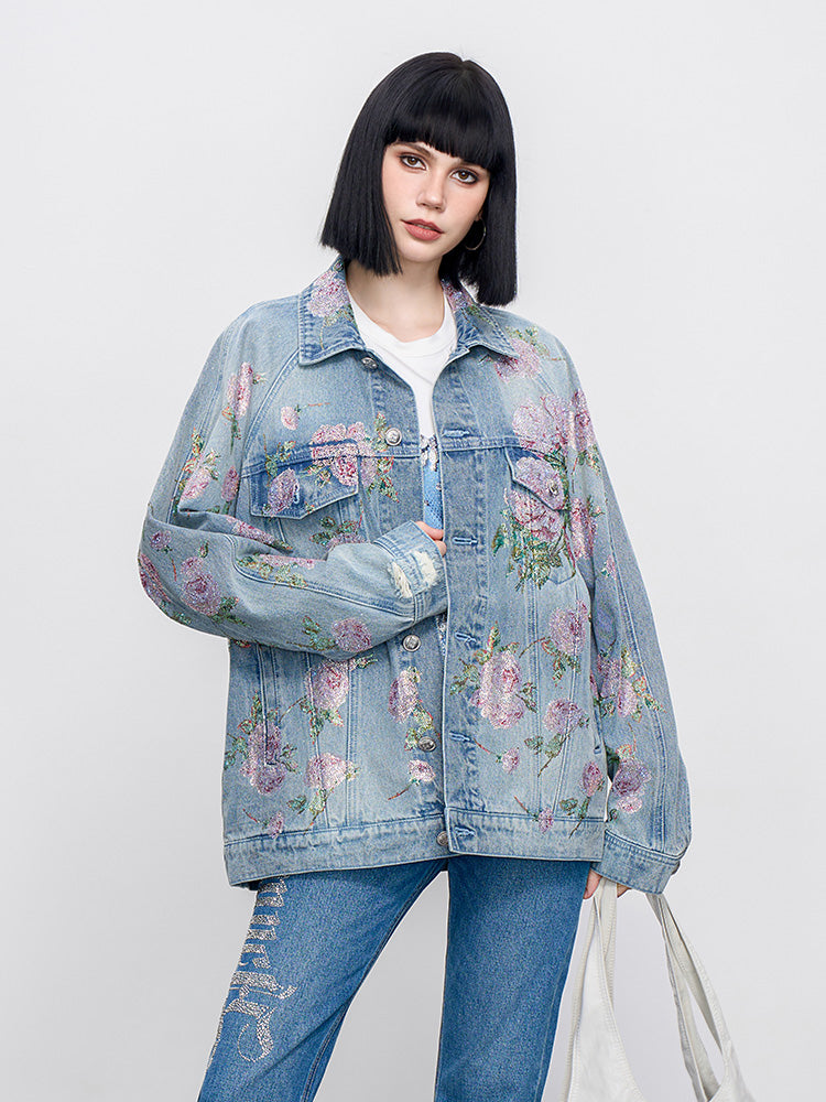 TCH Sparkling Floral Print Rhinestone Denim Jacket