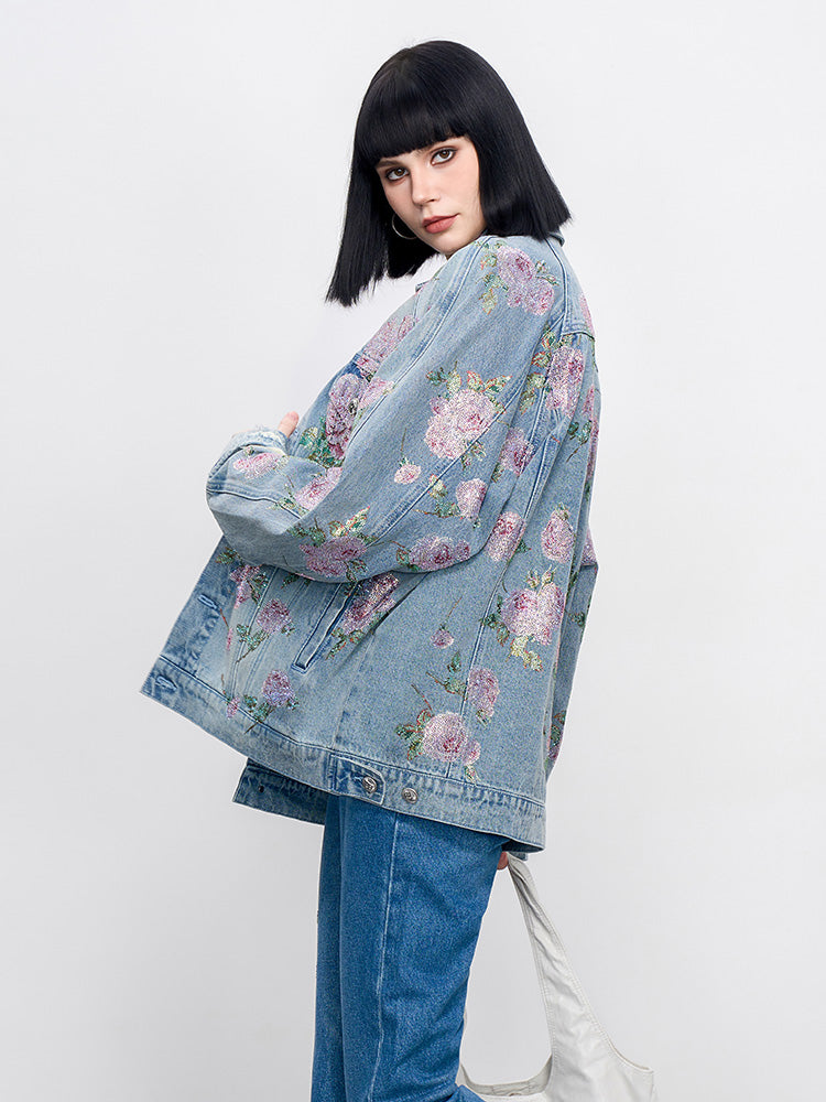 TCH Sparkling Floral Print Rhinestone Denim Jacket