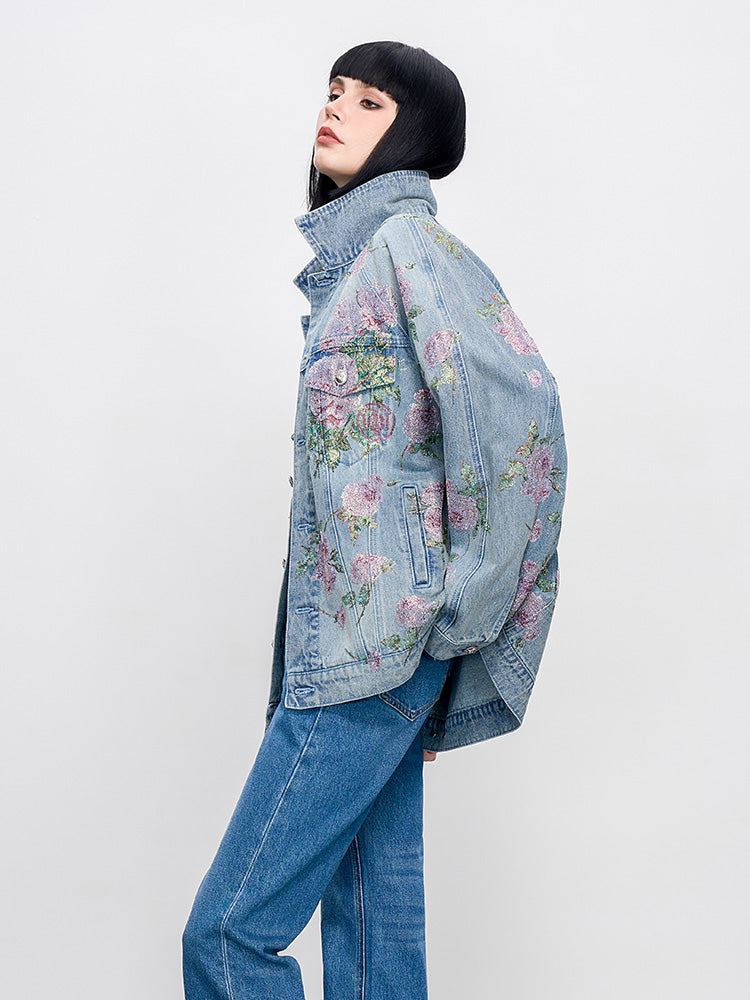 TCH Sparkling Floral Print Rhinestone Denim Jacket