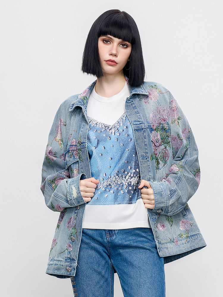 TCH Sparkling Floral Print Rhinestone Denim Jacket