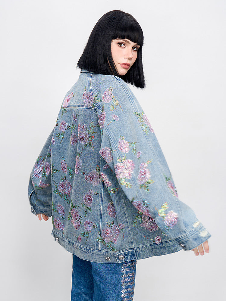 TCH Sparkling Floral Print Rhinestone Denim Jacket