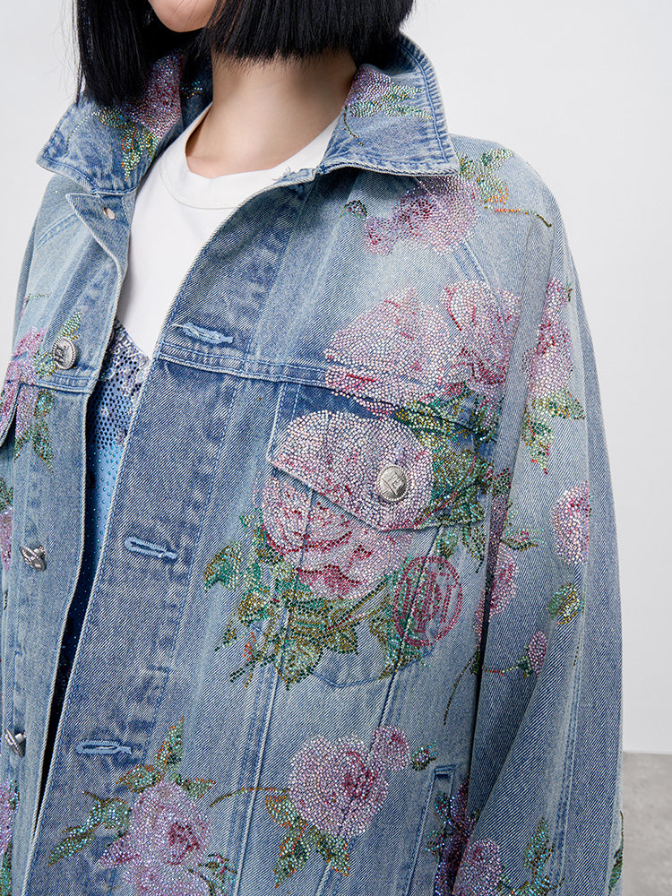 TCH Sparkling Floral Print Rhinestone Denim Jacket