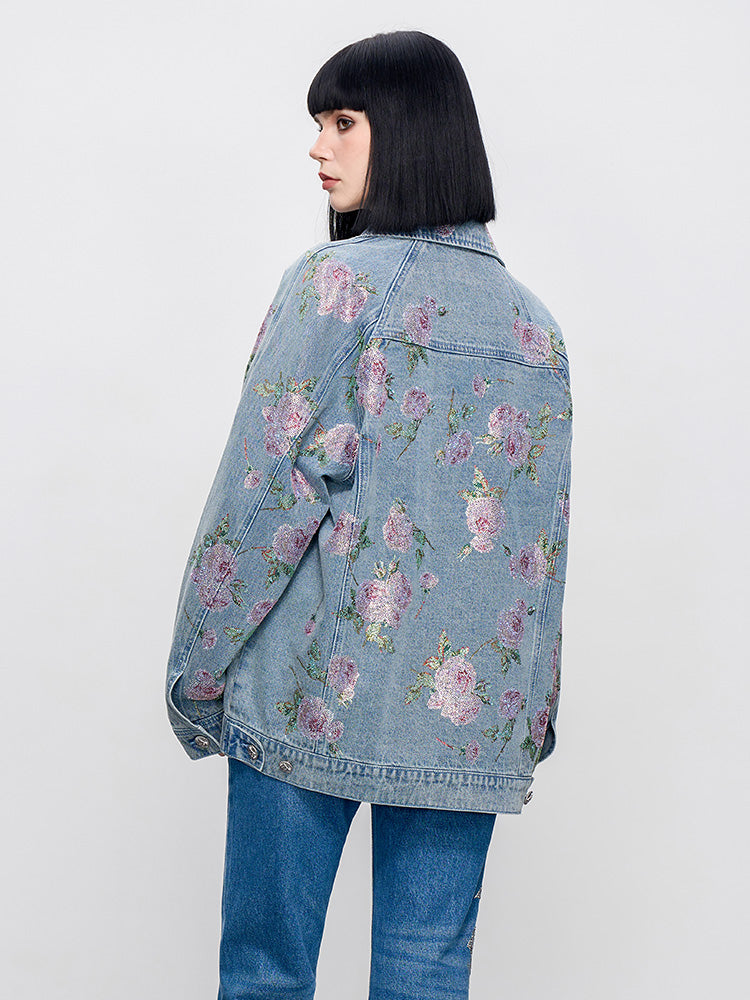 TCH Sparkling Floral Print Rhinestone Denim Jacket