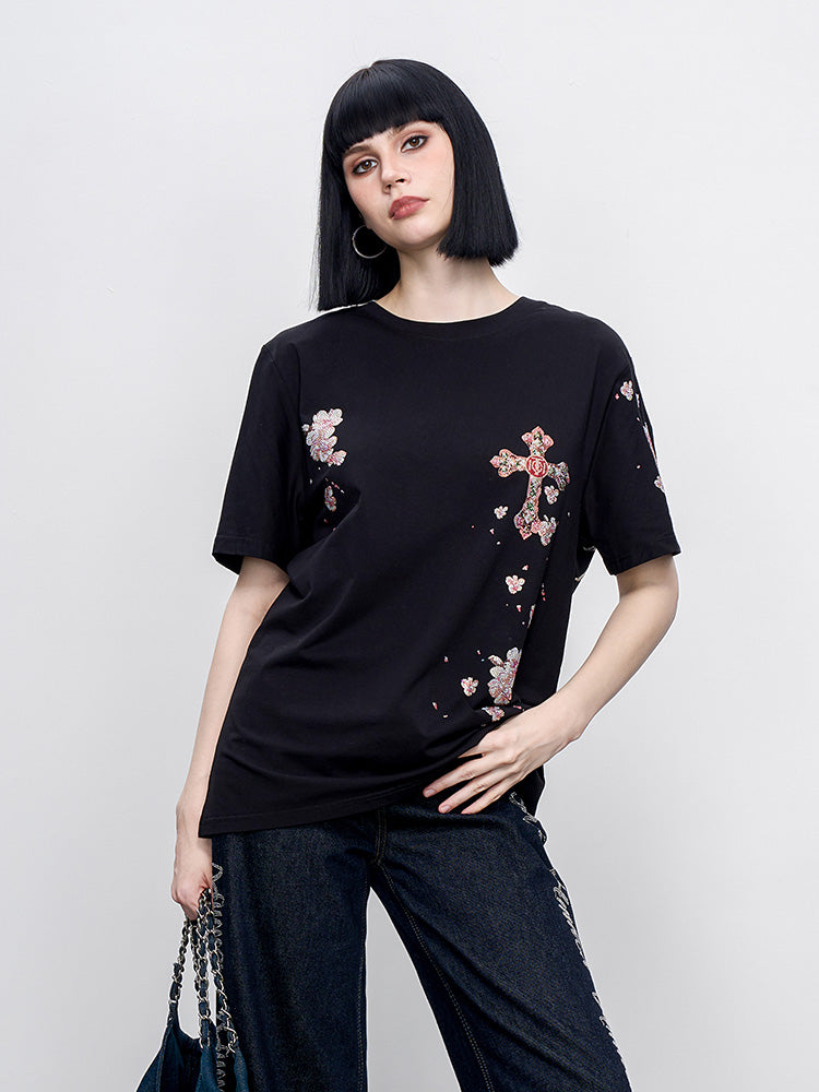 TCH Pre-Sale Rhinestone Flower Wing & Cross Letter Print T-Shirt