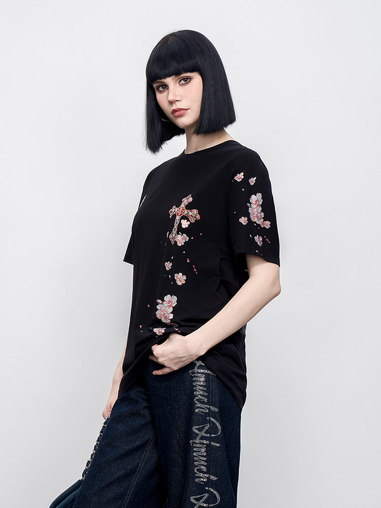 TCH Pre-Sale Rhinestone Flower Wing & Cross Letter Print T-Shirt