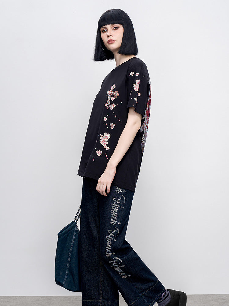 TCH Pre-Sale Rhinestone Flower Wing & Cross Letter Print T-Shirt