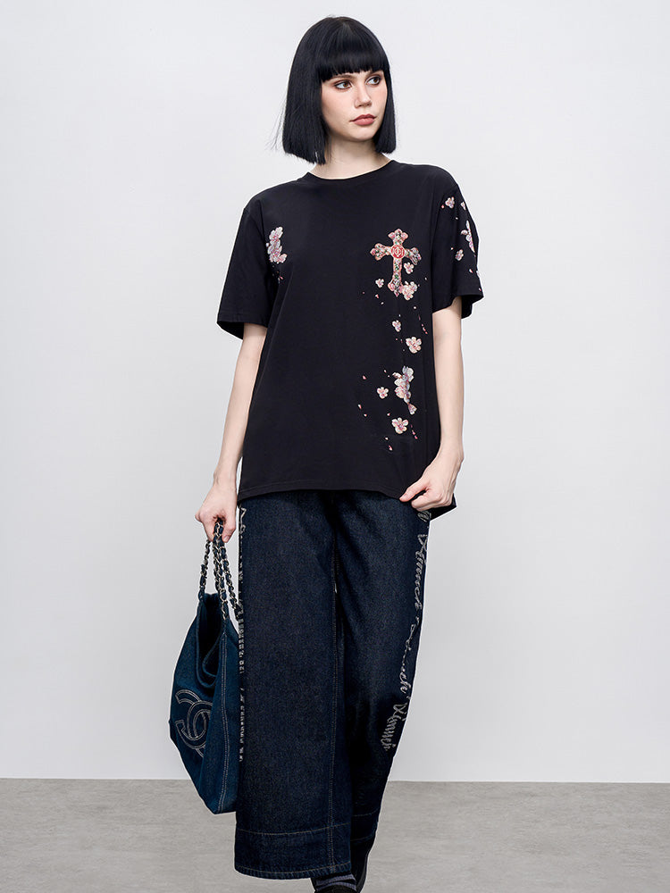 TCH Pre-Sale Rhinestone Flower Wing & Cross Letter Print T-Shirt