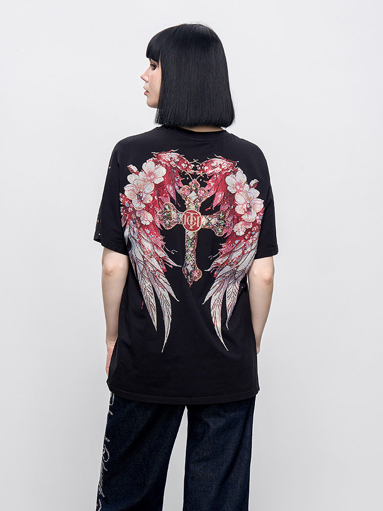 TCH Pre-Sale Rhinestone Flower Wing & Cross Letter Print T-Shirt