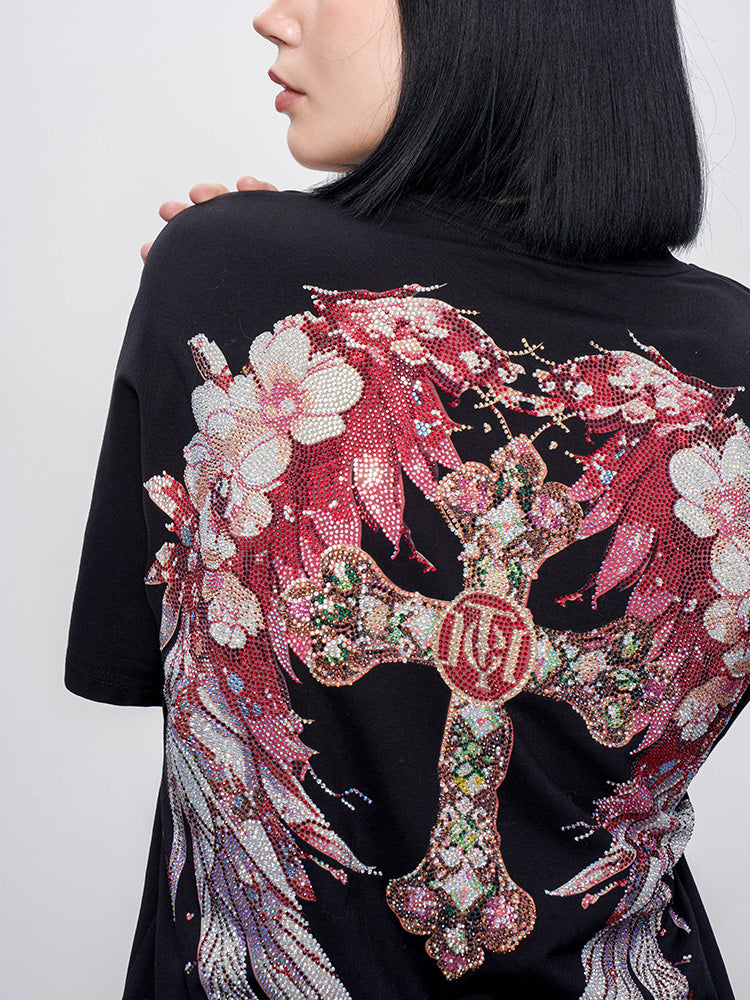 TCH Pre-Sale Rhinestone Flower Wing & Cross Letter Print T-Shirt