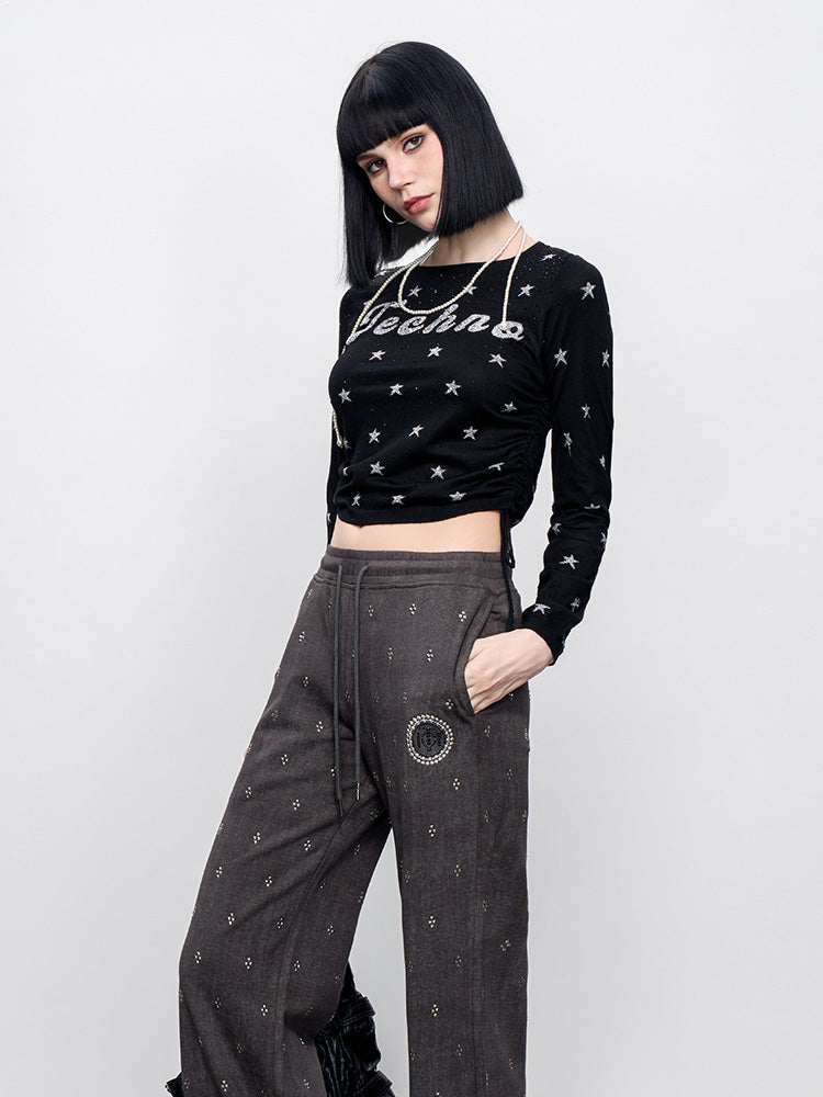 TCH Star Rhinestone Drawstring Crop Top