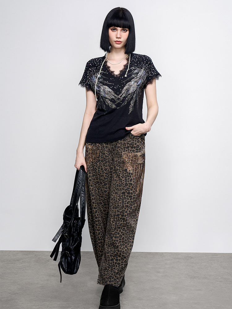 TCH Prasale Crystal-Embroidered Lace Contrast Sexy Tee