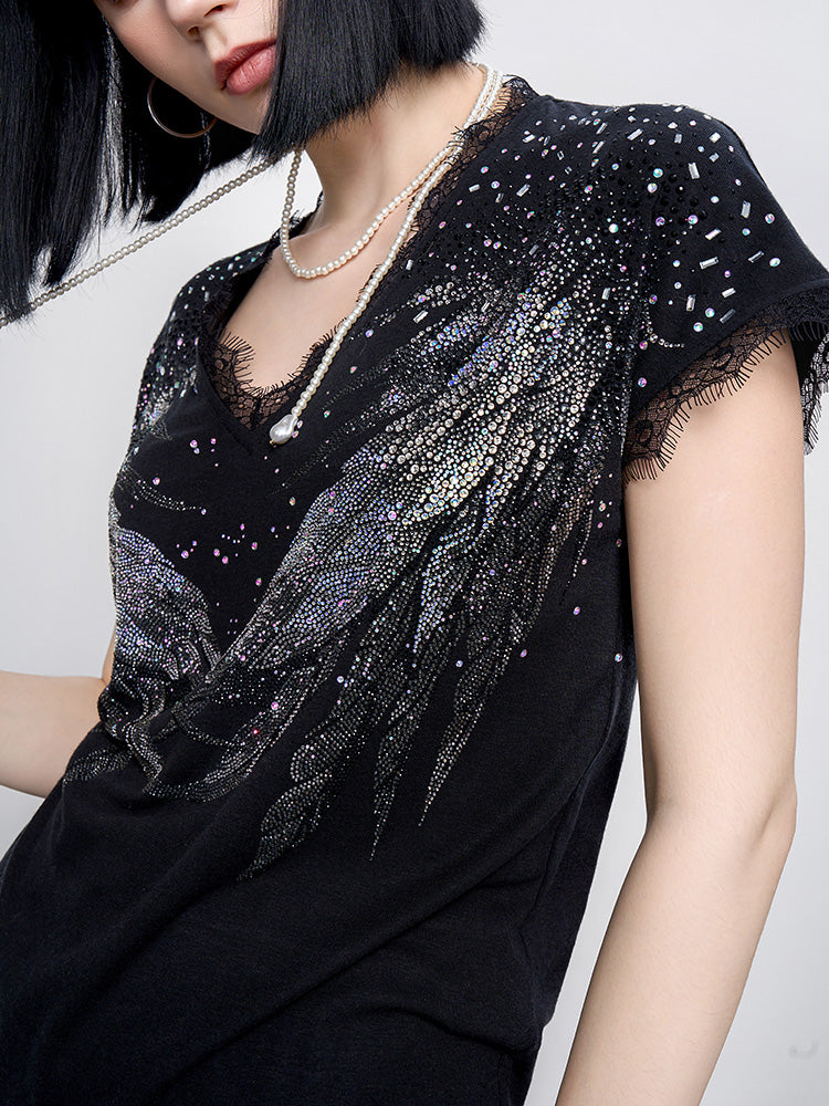 TCH Prasale Crystal-Embroidered Lace Contrast Sexy Tee