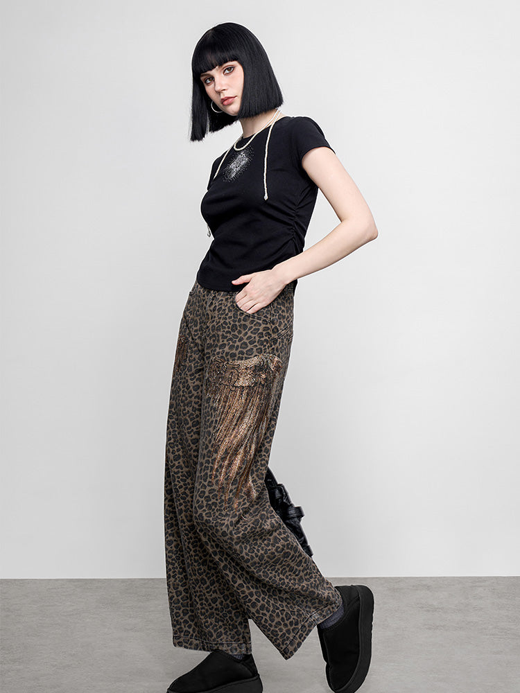 TCH Rhinestone Leopard Print Wide Leg Pants for Fall/Winter