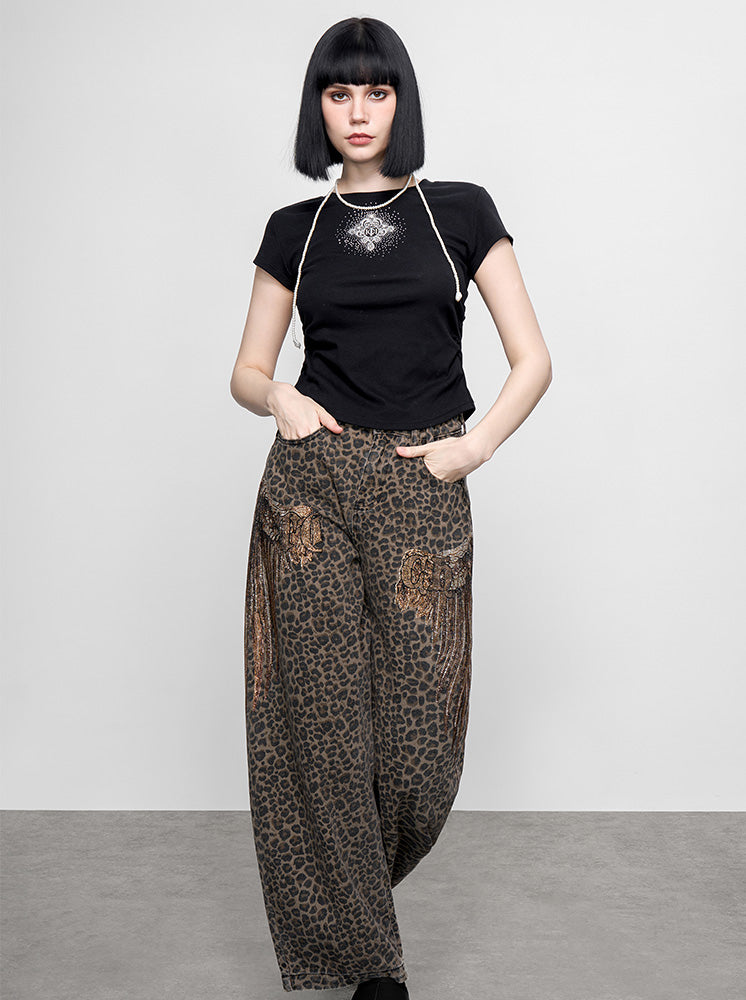 TCH Rhinestone Leopard Print Wide Leg Pants for Fall/Winter