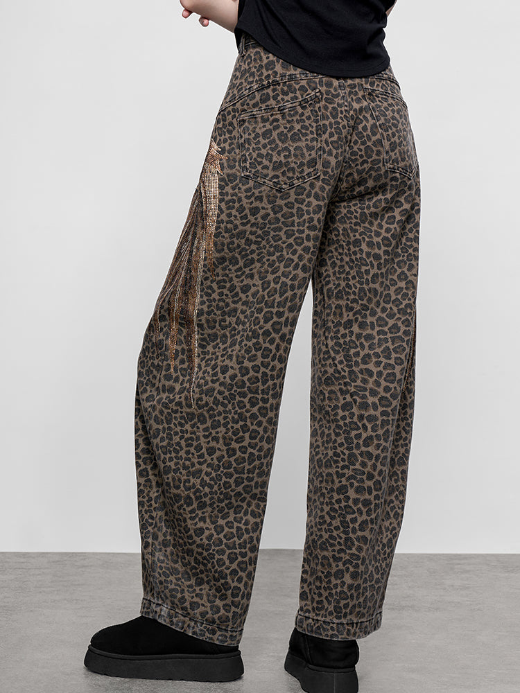 TCH Rhinestone Leopard Print Wide Leg Pants for Fall/Winter