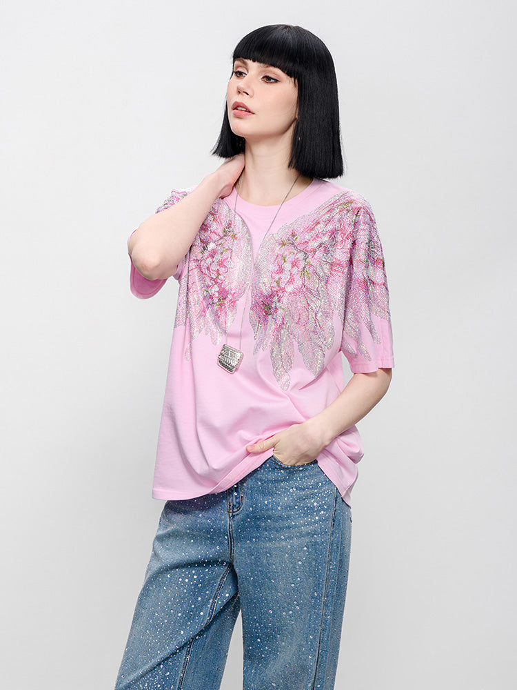 TCH Pink Rhinestone Winged Flowers Sweatshirt/Short Sleeve Tee