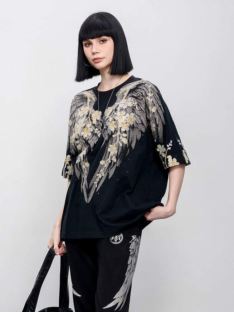 TCH Pre-sale Sparkling Rhinestone Wings&Flower Print T-Shirt