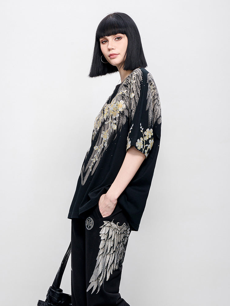 TCH Pre-sale Sparkling Rhinestone Wings&Flower Print T-Shirt