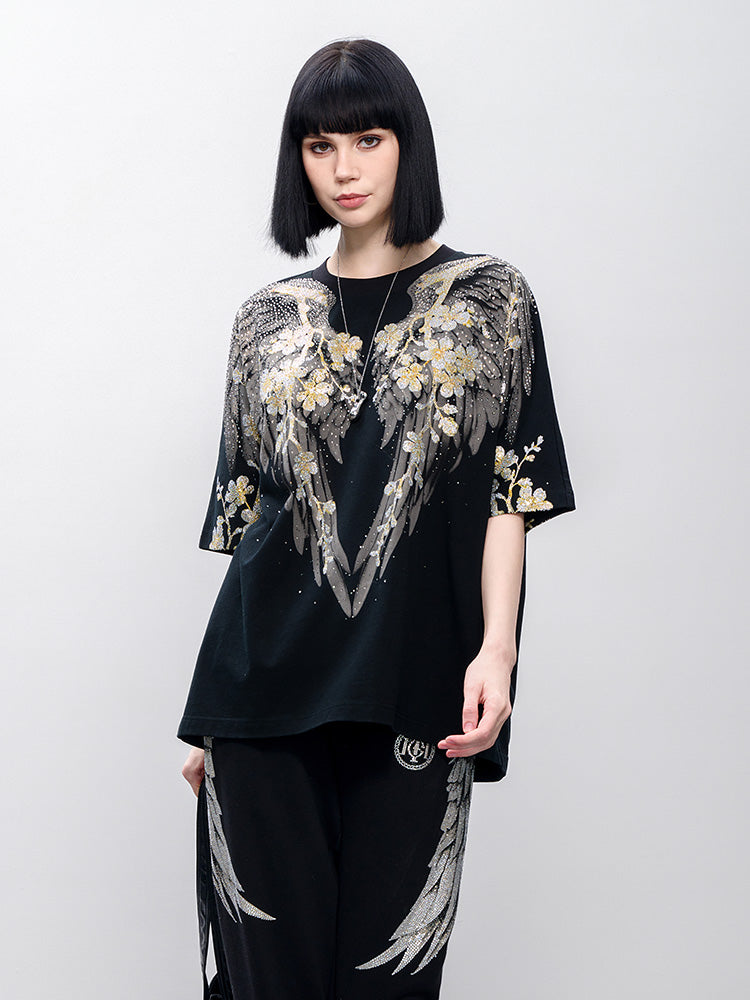 TCH Pre-sale Sparkling Rhinestone Wings&Flower Print T-Shirt