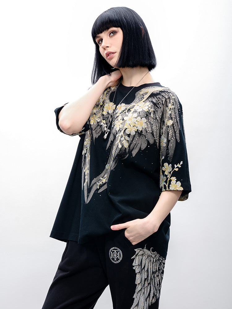 TCH Pre-sale Sparkling Rhinestone Wings&Flower Print T-Shirt