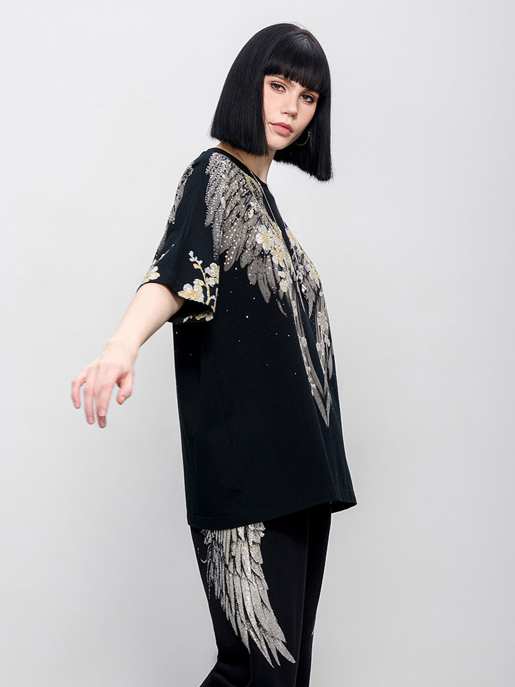 TCH Pre-sale Sparkling Rhinestone Wings&Flower Print T-Shirt