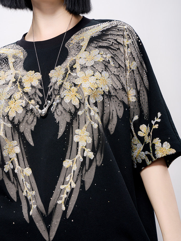 TCH Pre-sale Sparkling Rhinestone Wings&Flower Print T-Shirt