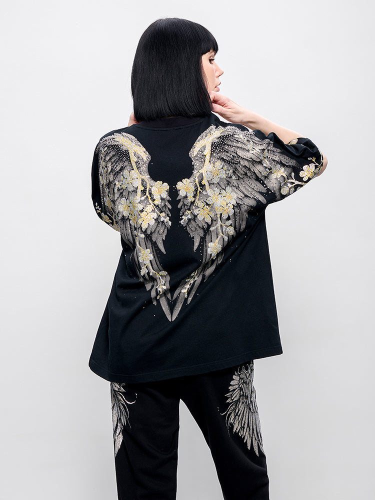 TCH Pre-sale Sparkling Rhinestone Wings&Flower Print T-Shirt