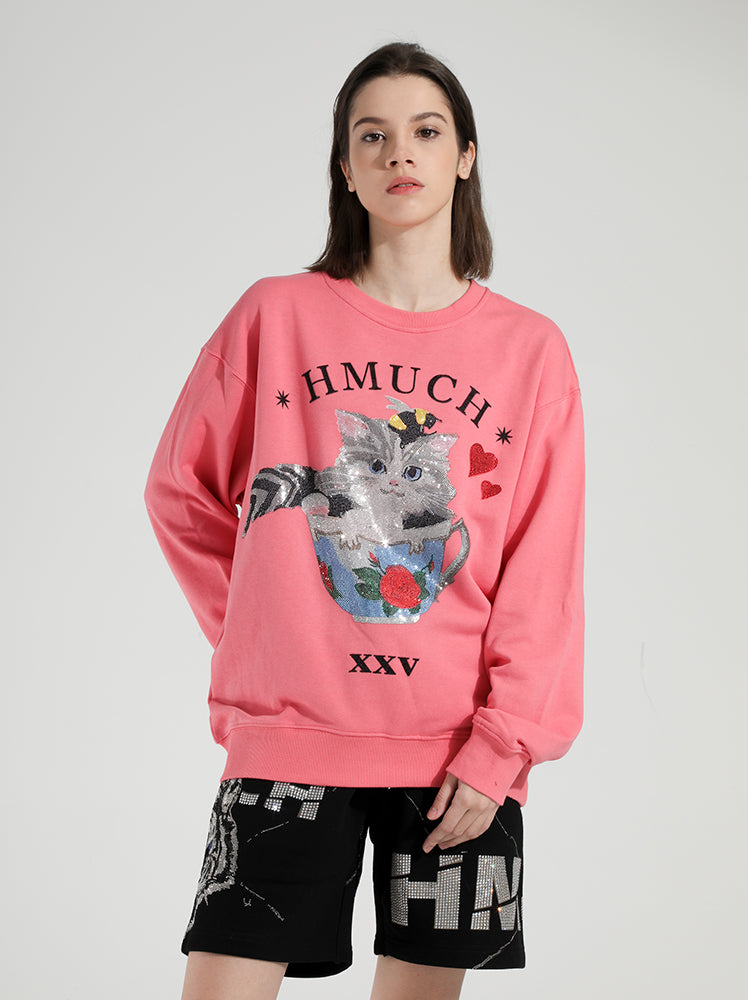 TCH Women's Cat Rhinestone Long Sleeve Sweatshirt