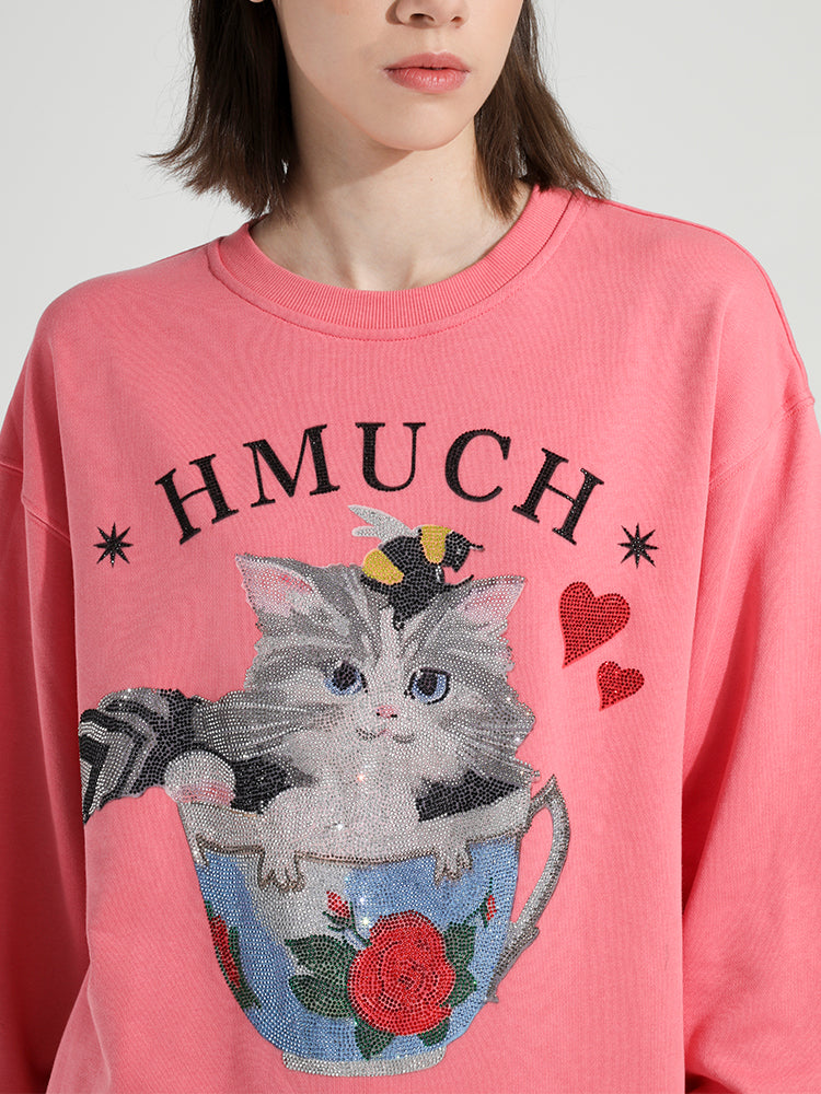 TCH Women's Cat Rhinestone Long Sleeve Sweatshirt