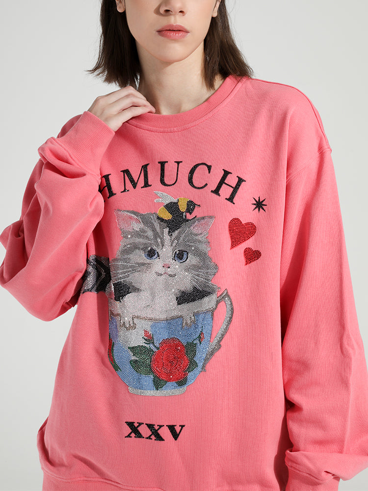 TCH Women's Cat Rhinestone Long Sleeve Sweatshirt