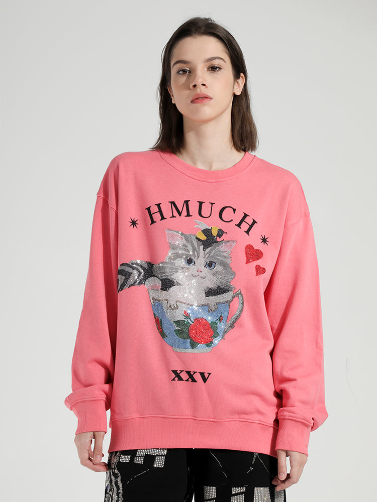 TCH Women's Cat Rhinestone Long Sleeve Sweatshirt