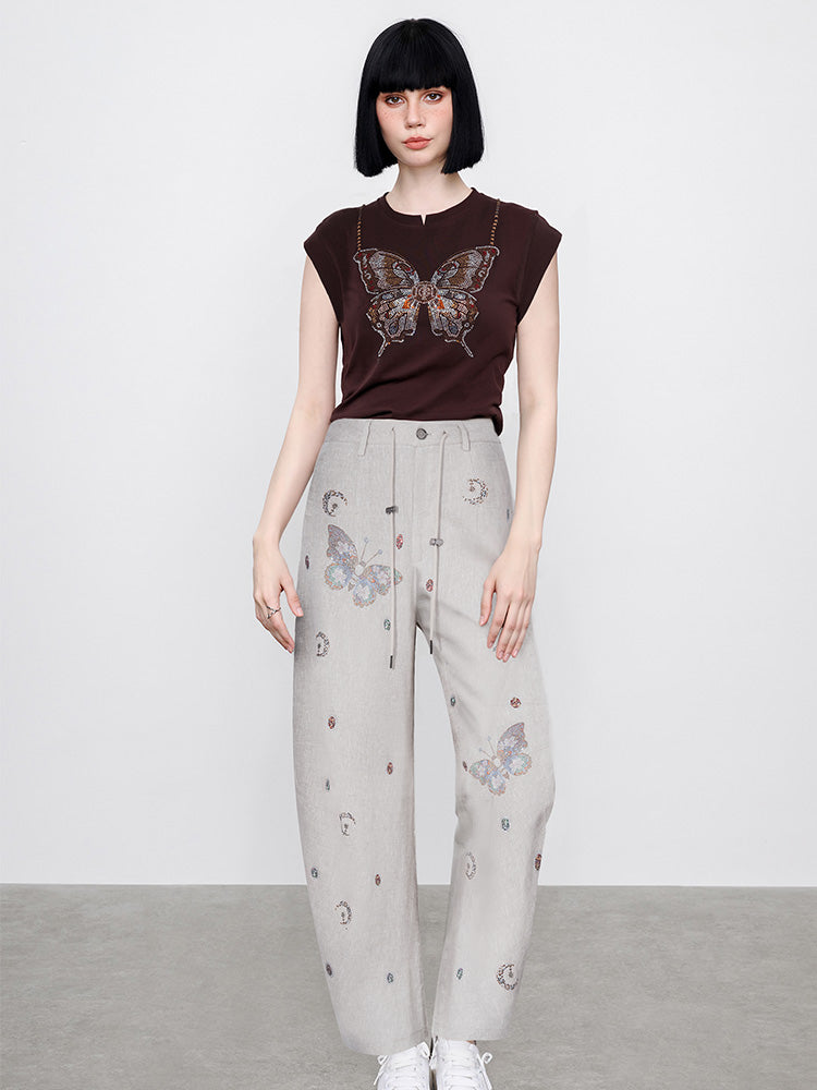 TCH Rhinestone Graphic Butterfly Palazzo Trousers