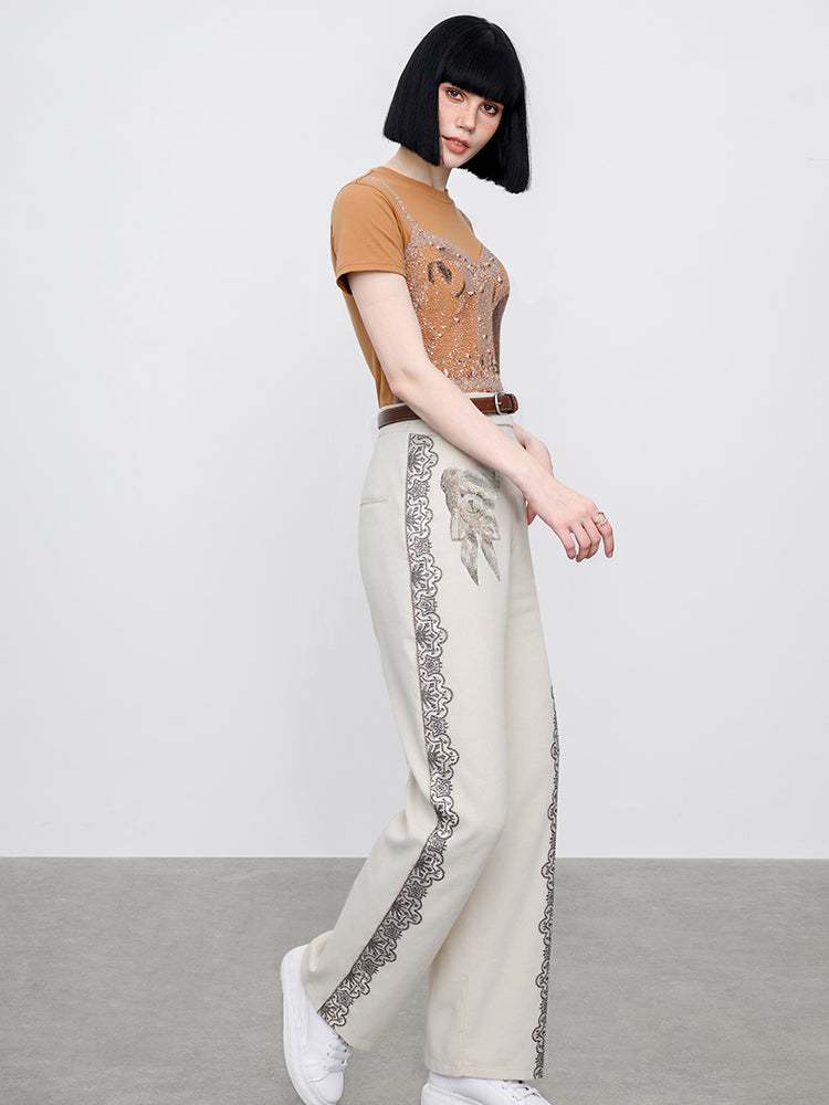 TCH Rhinestone Graphic Bear Palazzo Trousers