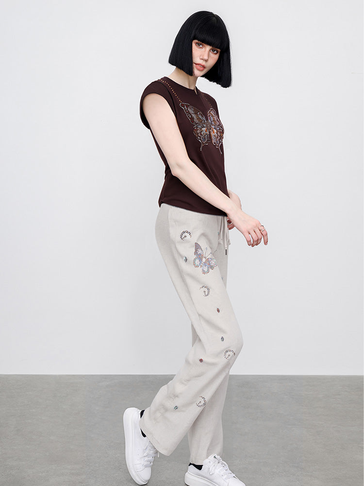 TCH Rhinestone Graphic Butterfly Palazzo Trousers