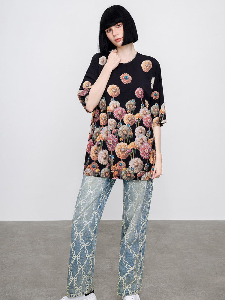 TCH Pre-Sale Rhinestone Distressed Flower Shiny Graphic Tshirt