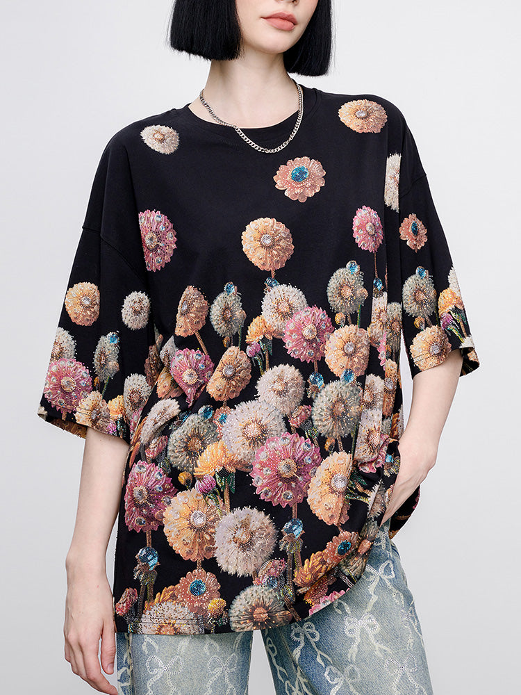 TCH Pre-Sale Rhinestone Distressed Flower Shiny Graphic Tshirt