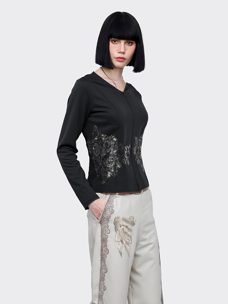 TCH Flower Crystal-Embellished Black Sun Shirt