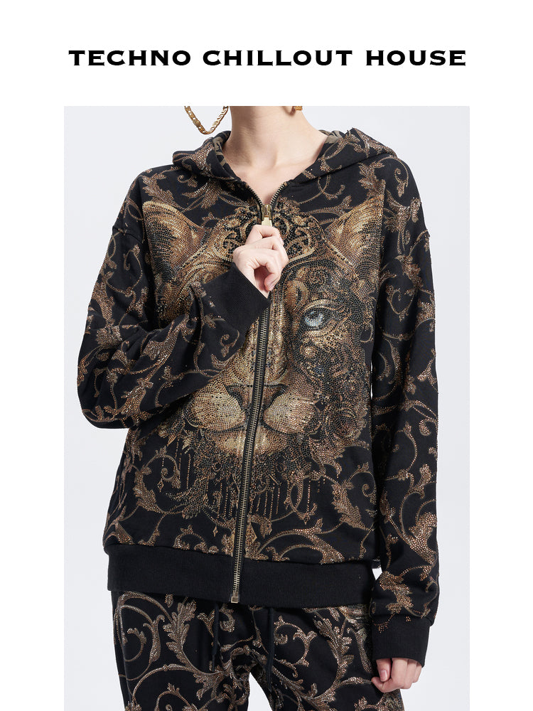 TCH Allover Leopard Print Rhinestone Zip Up Hoodie Set 2 Piece Suit