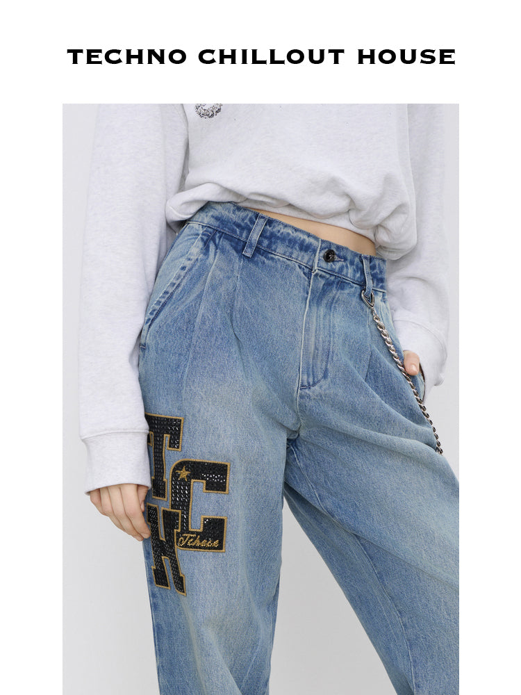 TCH High Waist Rhinestone Letter Denim Jean