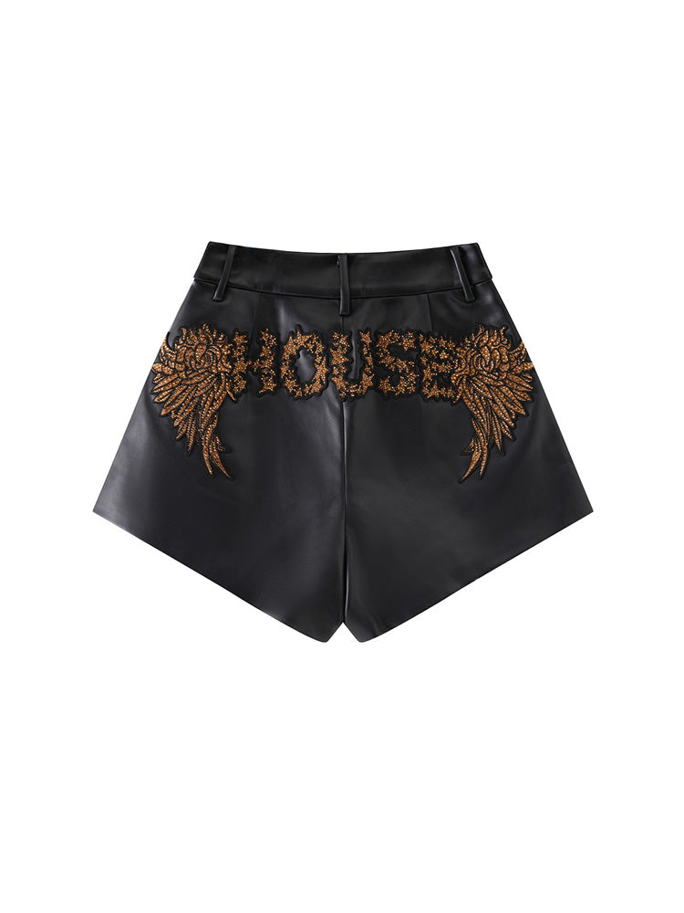 TCH Rhinestone Star Print Leather Shorts with Zip Up