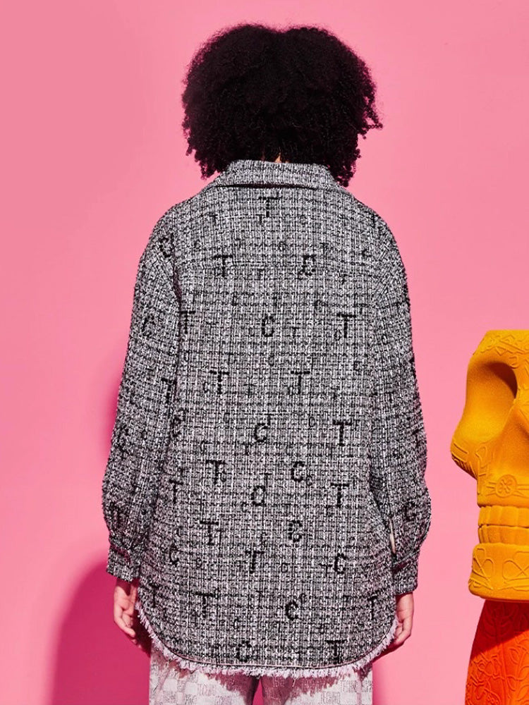 TCH Rhinestone Logo Print Tweed Overshirt Jacket