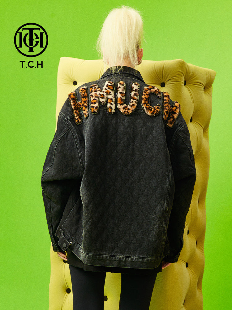 TCH Graphic Rhinestone Oversized Denim Jacket
