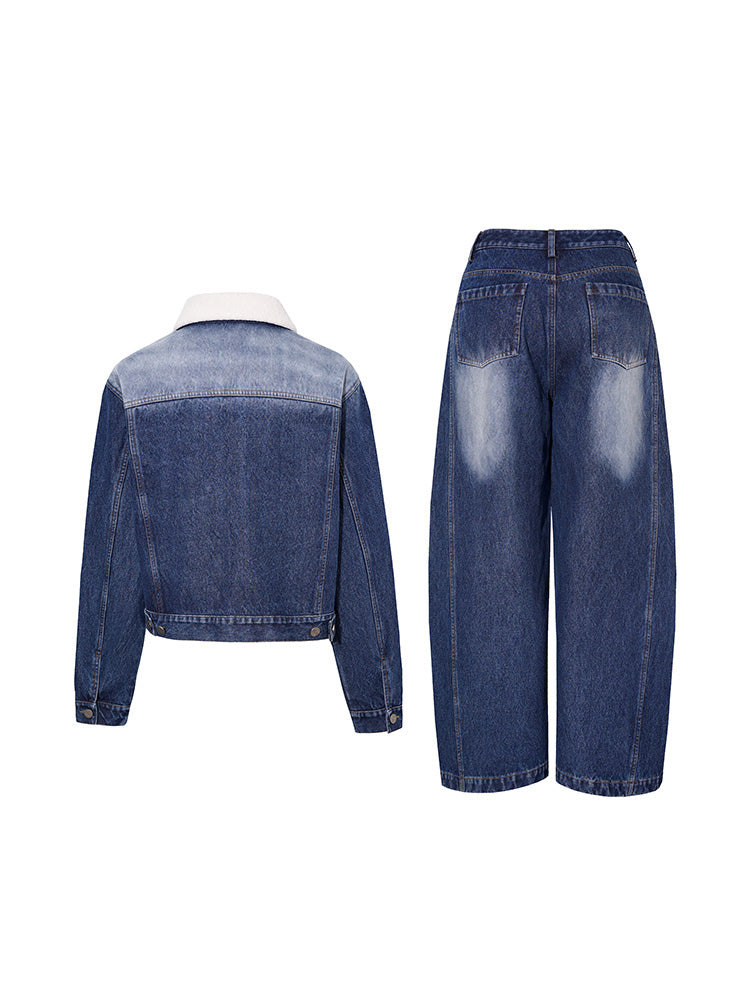 TCH Rhinestone Shearling Collar Denim Two-Piece Set