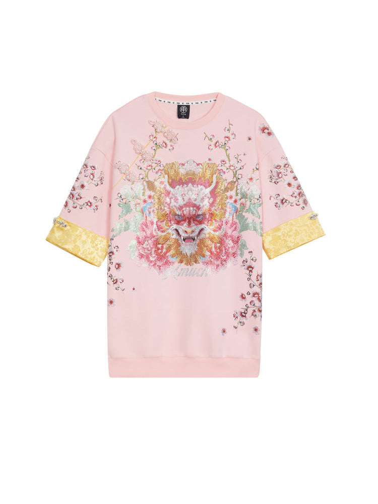 TCH Rhinestone Graphic Print Satin Luxury Mini Dress