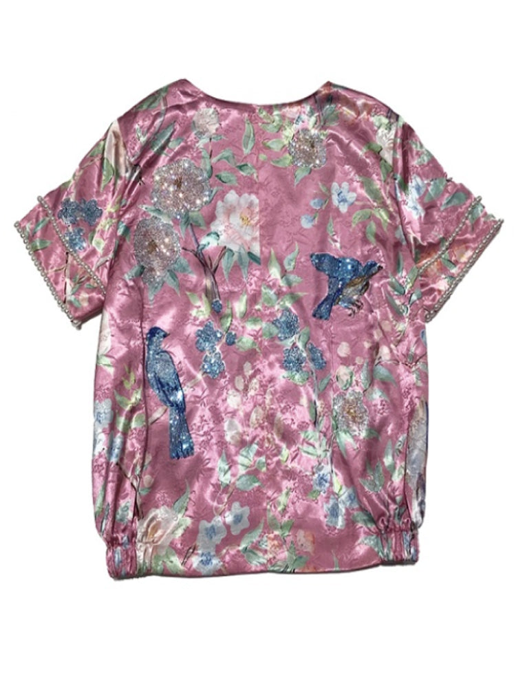 TCH Retro Rhinestone Satin Floral Print Top