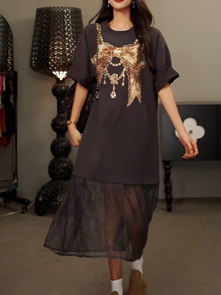 TCH Rhinestone Bow Lace Mesh Long Dress