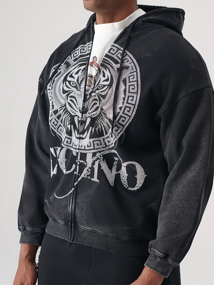 TCH Distressed Tiger Rhinestone Hoodie Jacket