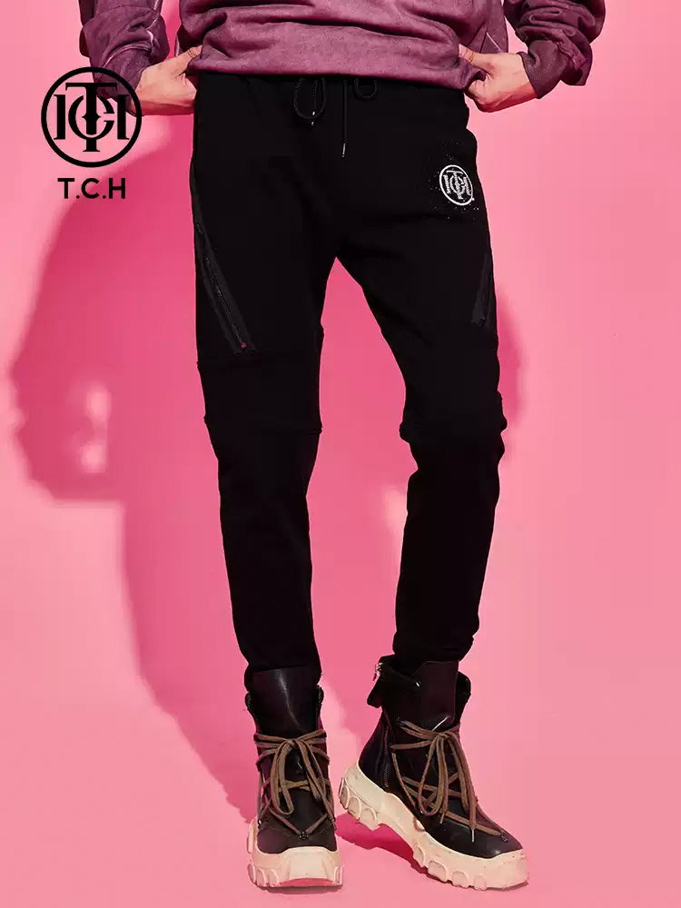 TCH Rhinestone Logo Zipper Long Pants