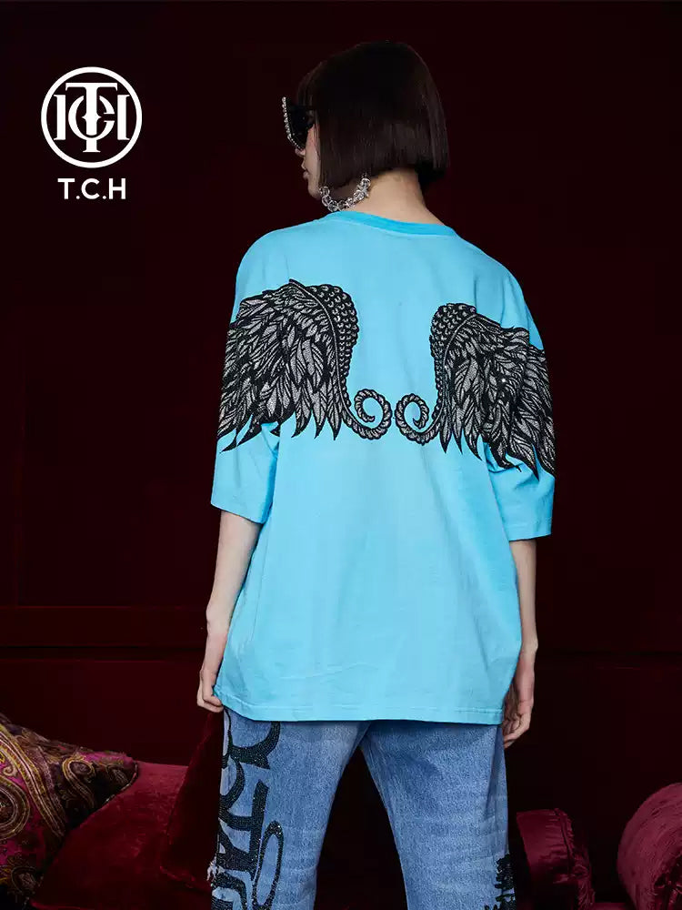 TCH Oversized Bear Rhinestone Wings Sleeve T-shirt